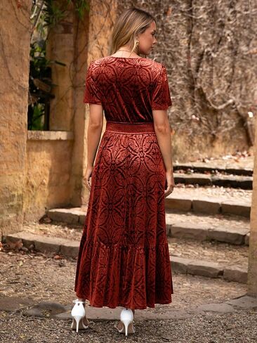 Simplee Womens Fall Velvet Dress Short Sleeve V Neck Floral Maxi Dress Long Formal Winter Wedding Guest Dresses in Saudi Arabia