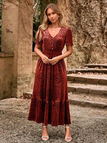 Simplee Womens Fall Velvet Dress Short Sleeve V Neck Floral Maxi Dress Long Formal Winter Wedding Guest Dresses in Saudi Arabia