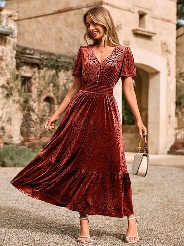 Simplee Womens Fall Velvet Dress Short Sleeve V Neck Floral Maxi Dress Long Formal Winter Wedding Guest Dresses in Saudi Arabia