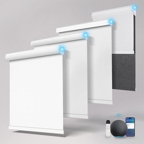 Motorized Blinds with Remote,Blackout Smart Roller Shades with App,Voice Control,Jacquard Fabric,Thermal Insulated Automatic Blinds,Electric Shades with USB/Solar Pannel.Jacquard White in Saudi Arabia