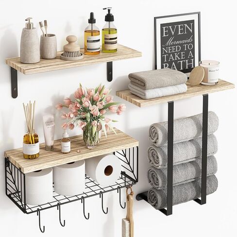 Fixwal Bathroom Floating Shelves Over Toilet Wall Shelves Set with Towel Storage Rack for Bathroom Organization & Wall Decor(Black) in Saudi Arabia