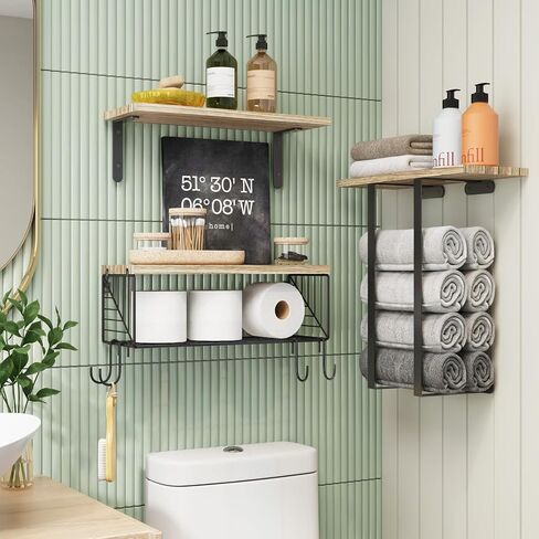 Fixwal Bathroom Floating Shelves Over Toilet Wall Shelves Set with Towel Storage Rack for Bathroom Organization & Wall Decor(Black) in Saudi Arabia