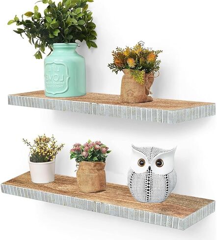 Floating Wall Shelves – Set of 2 Decorative Wood Shelves with Mosaic Tile Borders – Rustic Boho Wall Décor for Living Room, Bedroom, Kitchen & Office – Easy to Mount, Stylish Storage Display in Saudi Arabia