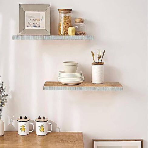 Floating Wall Shelves – Set of 2 Decorative Wood Shelves with Mosaic Tile Borders – Rustic Boho Wall Décor for Living Room, Bedroom, Kitchen & Office – Easy to Mount, Stylish Storage Display in Saudi Arabia