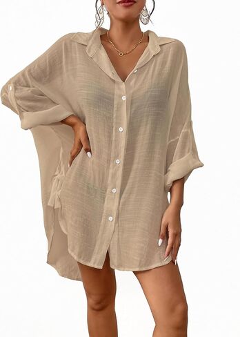 Bsubseach Linen Bathing Suit Cover Up Shirt Women Button Down Beach Cover Ups Split Tie Swimsuit Coverup Blouse in Saudi Arabia