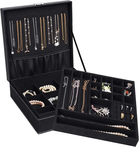 MOSISO Jewelry Box, Jewelry Storage Case Organizer Stackable Double Layer Lockable Display for Women Velvet Necklace Earring Bracelet Ring Watch Brooch Holder, Black in Saudi Arabia