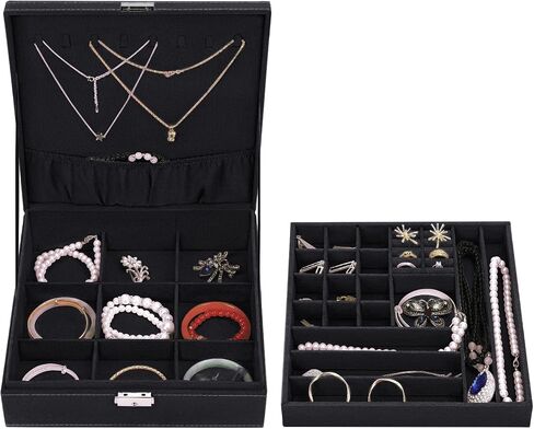 MOSISO Jewelry Box, Jewelry Storage Case Organizer Stackable Double Layer Lockable Display for Women Velvet Necklace Earring Bracelet Ring Watch Brooch Holder, Black in Saudi Arabia