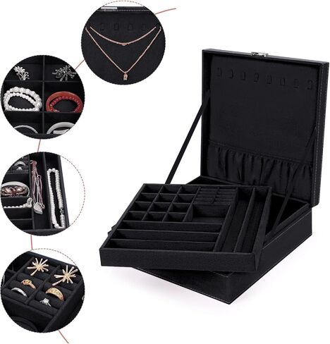 MOSISO Jewelry Box, Jewelry Storage Case Organizer Stackable Double Layer Lockable Display for Women Velvet Necklace Earring Bracelet Ring Watch Brooch Holder, Black in Saudi Arabia
