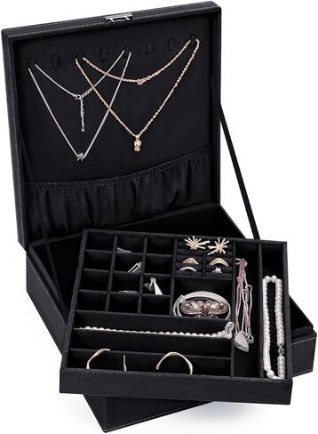 MOSISO Jewelry Box, Jewelry Storage Case Organizer Stackable Double Layer Lockable Display for Women Velvet Necklace Earring Bracelet Ring Watch Brooch Holder, Black in Saudi Arabia