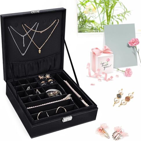 MOSISO Jewelry Box, Jewelry Storage Case Organizer Stackable Double Layer Lockable Display for Women Velvet Necklace Earring Bracelet Ring Watch Brooch Holder, Black in Saudi Arabia