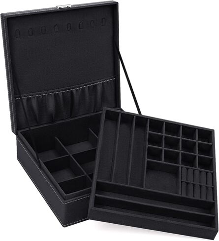MOSISO Jewelry Box, Jewelry Storage Case Organizer Stackable Double Layer Lockable Display for Women Velvet Necklace Earring Bracelet Ring Watch Brooch Holder, Black in Saudi Arabia