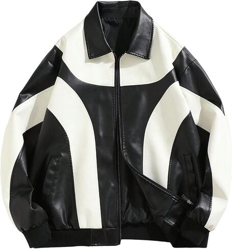 Men's Y2k PU Leather Jacket Color Block Motorcycle Coat Zip Up Long Sleeve Outerwear with Pockets Streetwear in Saudi Arabia