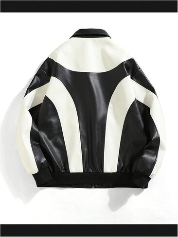 Men's Y2k PU Leather Jacket Color Block Motorcycle Coat Zip Up Long Sleeve Outerwear with Pockets Streetwear in Saudi Arabia