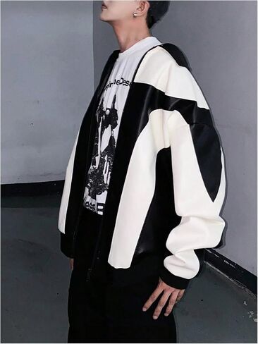 Men's Y2k PU Leather Jacket Color Block Motorcycle Coat Zip Up Long Sleeve Outerwear with Pockets Streetwear in Saudi Arabia