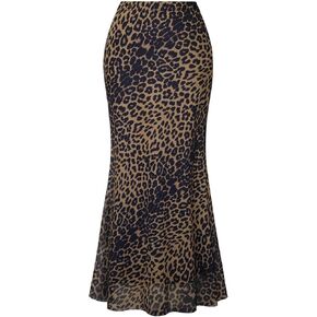 Women's Mesh Maxi Skirt Elastic High Waisted Flowy Bodycon Y2k Leopard Print Slim Fit Long Skirts for Women in Kuwait