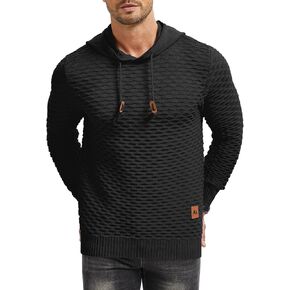 Men's Waffle-Knit Hooded Pullover Sweater Solid Color Hoodie with Adjustable Drawstrings & Leather Tag in Kuwait