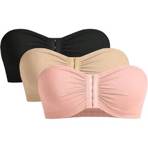 GORGLITTER Women's 3 Pack Front Closure Strapless Bras Ruched Push Up Bandeau Bras Wireless Bralettes in Saudi Arabia