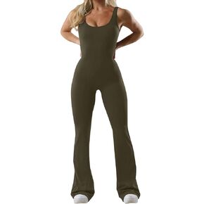 Women One Piece Jumpsuits Flare Jumpsuit with Bra Tummy Control Romper Workout Outfit Sleeveless Backless Bodysuit in Kuwait