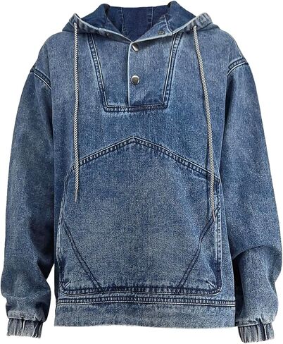 Women Denim Hoodies Casual Button Down pullover Long Sleeve Jean Tops Jacket Trendy Cropped Sweatshirt with Pockets in Saudi Arabia