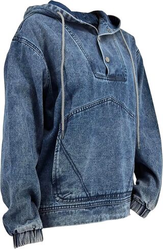 Women Denim Hoodies Casual Button Down pullover Long Sleeve Jean Tops Jacket Trendy Cropped Sweatshirt with Pockets in Saudi Arabia