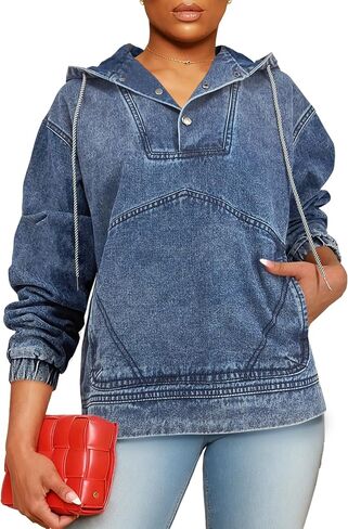 Women Denim Hoodies Casual Button Down pullover Long Sleeve Jean Tops Jacket Trendy Cropped Sweatshirt with Pockets in Saudi Arabia