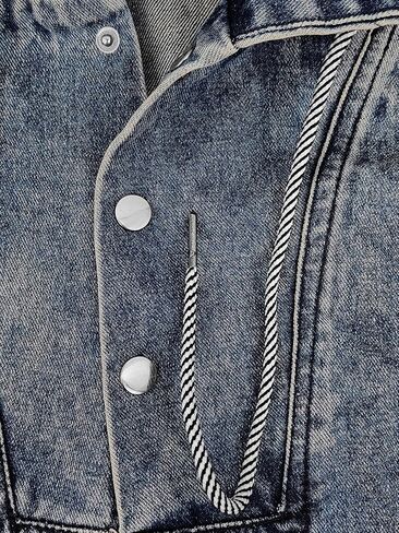 Women Denim Hoodies Casual Button Down pullover Long Sleeve Jean Tops Jacket Trendy Cropped Sweatshirt with Pockets in Saudi Arabia