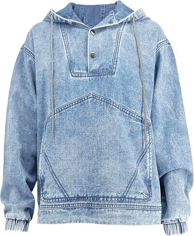 Women Denim Hoodies Casual Button Down pullover Long Sleeve Jean Tops Jacket Trendy Cropped Sweatshirt with Pockets in Saudi Arabia