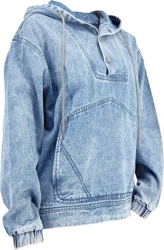 Women Denim Hoodies Casual Button Down pullover Long Sleeve Jean Tops Jacket Trendy Cropped Sweatshirt with Pockets in Saudi Arabia