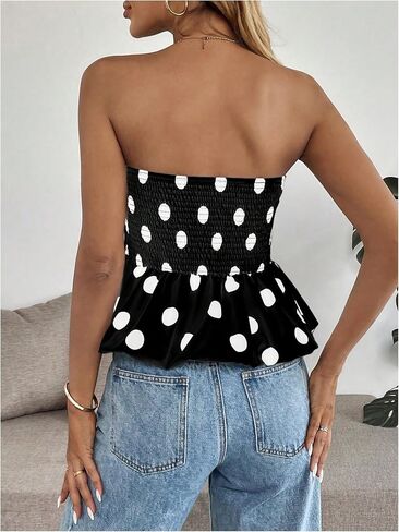 Milumia Women's Polka Dots Peplum Tube Top Strapless Puffy Bubble Flared Hem Tops in Saudi Arabia