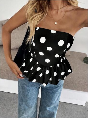 Milumia Women's Polka Dots Peplum Tube Top Strapless Puffy Bubble Flared Hem Tops in Saudi Arabia