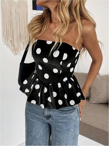 Milumia Women's Polka Dots Peplum Tube Top Strapless Puffy Bubble Flared Hem Tops in Saudi Arabia