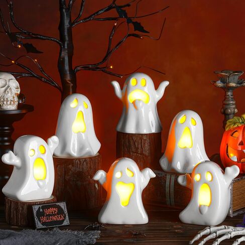 Wesiti 6 Pcs Ceramic Ghost Light up Halloween Decorations Indoor Small White Ghost Figurines Gothic Home Decor Spooky Statue Gift for Desk Tabletop Centerpieces Party Props in Saudi Arabia