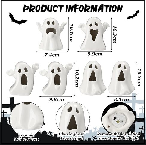 Wesiti 6 Pcs Ceramic Ghost Light up Halloween Decorations Indoor Small White Ghost Figurines Gothic Home Decor Spooky Statue Gift for Desk Tabletop Centerpieces Party Props in Saudi Arabia