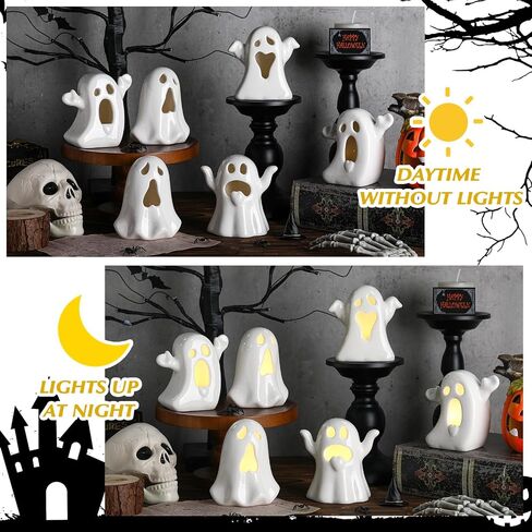 Wesiti 6 Pcs Ceramic Ghost Light up Halloween Decorations Indoor Small White Ghost Figurines Gothic Home Decor Spooky Statue Gift for Desk Tabletop Centerpieces Party Props in Saudi Arabia