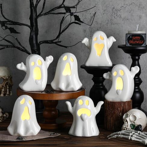 Wesiti 6 Pcs Ceramic Ghost Light up Halloween Decorations Indoor Small White Ghost Figurines Gothic Home Decor Spooky Statue Gift for Desk Tabletop Centerpieces Party Props in Saudi Arabia