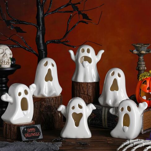 Wesiti 6 Pcs Ceramic Ghost Light up Halloween Decorations Indoor Small White Ghost Figurines Gothic Home Decor Spooky Statue Gift for Desk Tabletop Centerpieces Party Props in Saudi Arabia