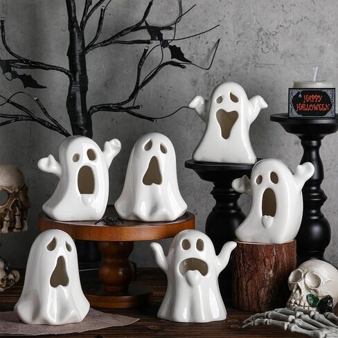 Wesiti 6 Pcs Ceramic Ghost Light up Halloween Decorations Indoor Small White Ghost Figurines Gothic Home Decor Spooky Statue Gift for Desk Tabletop Centerpieces Party Props in Saudi Arabia