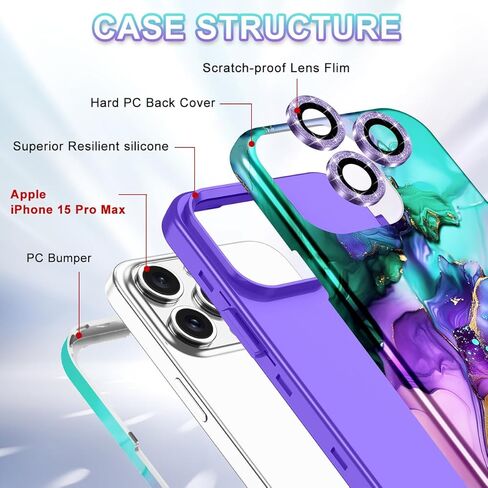 Btscase for iPhone 15 Pro Case 6.1 inch (2023), Marble Pattern 3 in 1 Heavy Duty Shockproof Full Body Hard PC+Soft Silicone Drop Protective Women Girls Cover for iPhone 15 Pro, Rose Gold in Kuwait