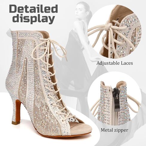 Rhinestone Ballroom Latin Dance Boots for Women Lace Up Open Toe with 3 1/3 Inch Heel in Kuwait