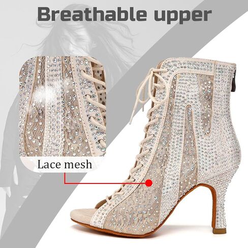 Rhinestone Ballroom Latin Dance Boots for Women Lace Up Open Toe with 3 1/3 Inch Heel in Kuwait