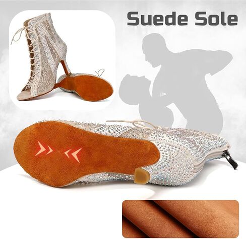 Rhinestone Ballroom Latin Dance Boots for Women Lace Up Open Toe with 3 1/3 Inch Heel in Kuwait