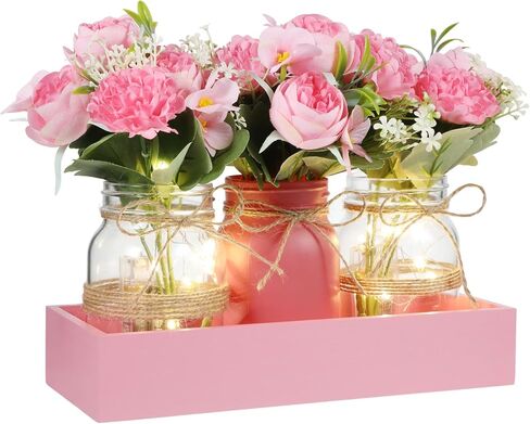 Honeydak 9 Pcs Halloween Table Centerpieces Pumpkin Mason Jar for Halloween Table Dining Room with Farmhouse Wood Tray 3 Mason Jars with Artificial Flowers and 2 LED Light for Dining Room in Saudi Arabia