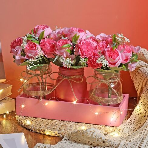 Honeydak 9 Pcs Halloween Table Centerpieces Pumpkin Mason Jar for Halloween Table Dining Room with Farmhouse Wood Tray 3 Mason Jars with Artificial Flowers and 2 LED Light for Dining Room in Saudi Arabia