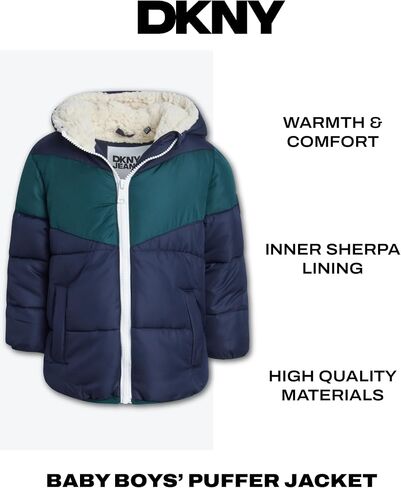 DKNY Baby Infant Boys' Puffer Jacket - Toddler Puffer Coat Full Zip Up Sherpa Lined Quilted Hooded Jacket (Sizes: 12M-4T) in Saudi Arabia