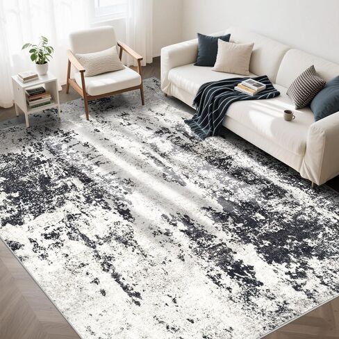 سجادة غرفة المعيشة مقاس 9 × 12، سجادة تجريدية حديثة قابلة للغسل في الغسالة، سجادة منطقة محايدة ناعمة غير قابلة للانزلاق ومقاومة للبقع، سجاد كبير لغرفة المعيشة وغرفة الطعام وغرفة النوم والمكتب (أسود، 9 × 12 بوصة) in Kuwait