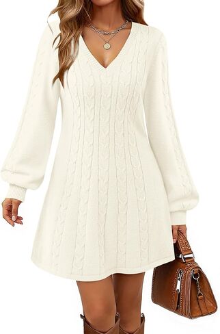 Women Lantern Sleeve Ribbed Knit Mini Dresses V Neck Fall Elegant A Line Sweater Dress in Kuwait