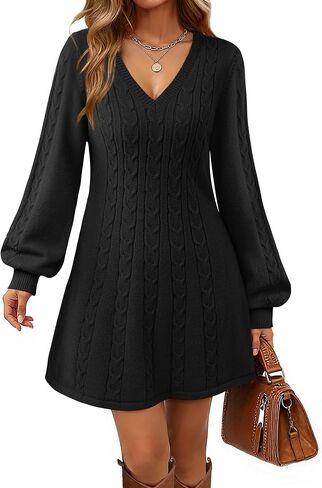 Women Lantern Sleeve Ribbed Knit Mini Dresses V Neck Fall Elegant A Line Sweater Dress in Kuwait