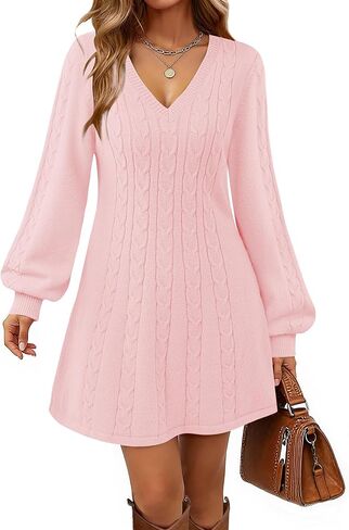 Women Lantern Sleeve Ribbed Knit Mini Dresses V Neck Fall Elegant A Line Sweater Dress in Kuwait