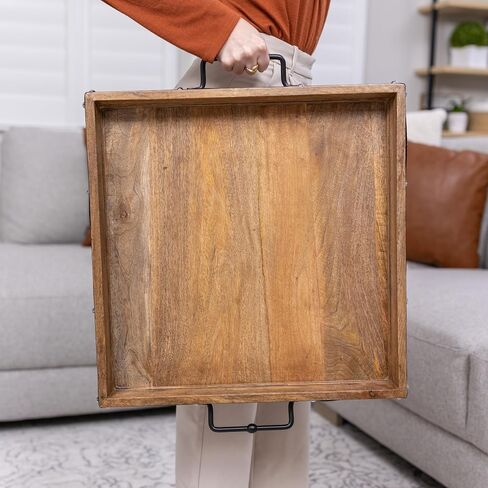 صينية عثمانية مربعة كبيرة جدًا مقاس 20 × 20 بوصة، مصنوعة من خشب المانجو عالي التحمل، لتقديم الشاي والإفطار في السرير وصينية طاولة قهوة كبيرة لغرفة المعيشة على الطراز الريفي مع مقابض مزخرفة وحزام مميز in Saudi Arabia
