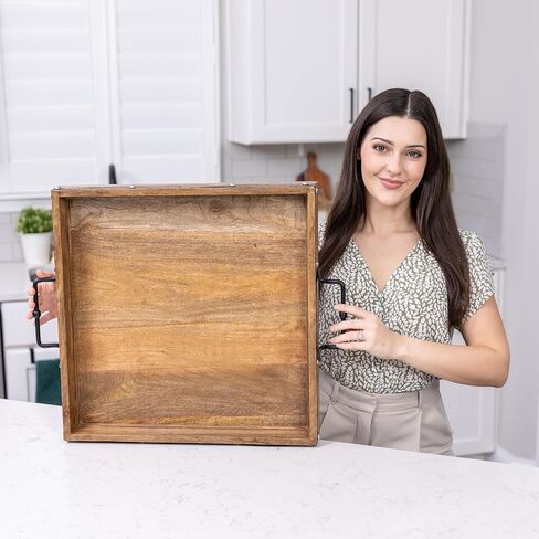 صينية عثمانية مربعة كبيرة جدًا مقاس 20 × 20 بوصة، مصنوعة من خشب المانجو عالي التحمل، لتقديم الشاي والإفطار في السرير وصينية طاولة قهوة كبيرة لغرفة المعيشة على الطراز الريفي مع مقابض مزخرفة وحزام مميز in Saudi Arabia